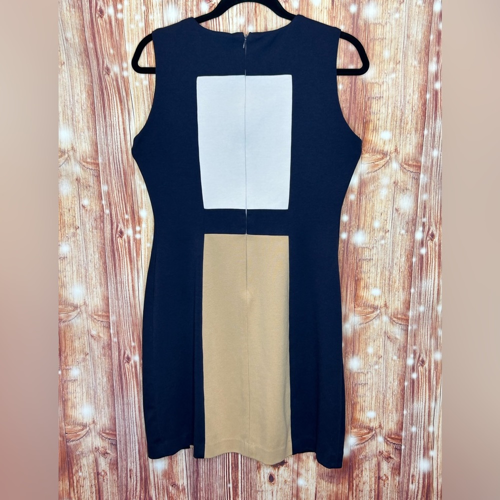Calvin Klein Color Blocked Sheath Dress Size 8 Navy Taupe and Cream